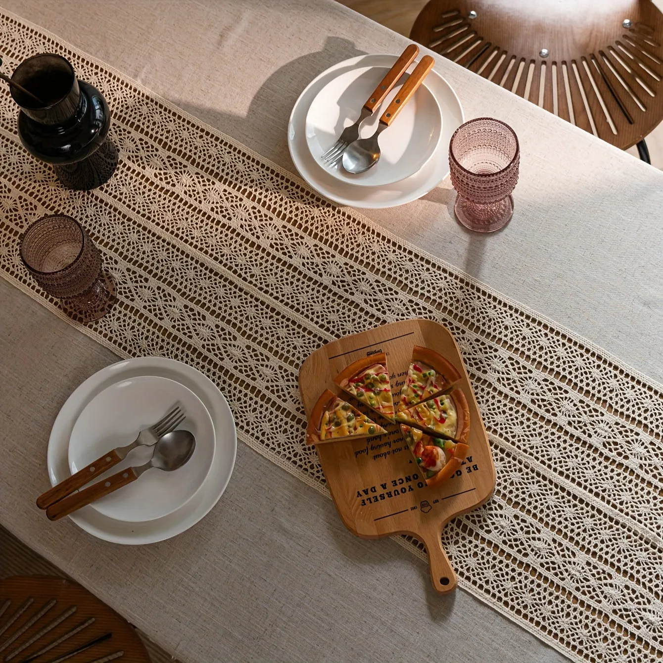 1pc Bohemian Linen Table Cloth - Exquisite Hand-Crocheted, Rustic Hemp Blend with Timeless Beige Fringes - Perfect for Christmas, Picnics, and Home Decor - Elegant and Versatile