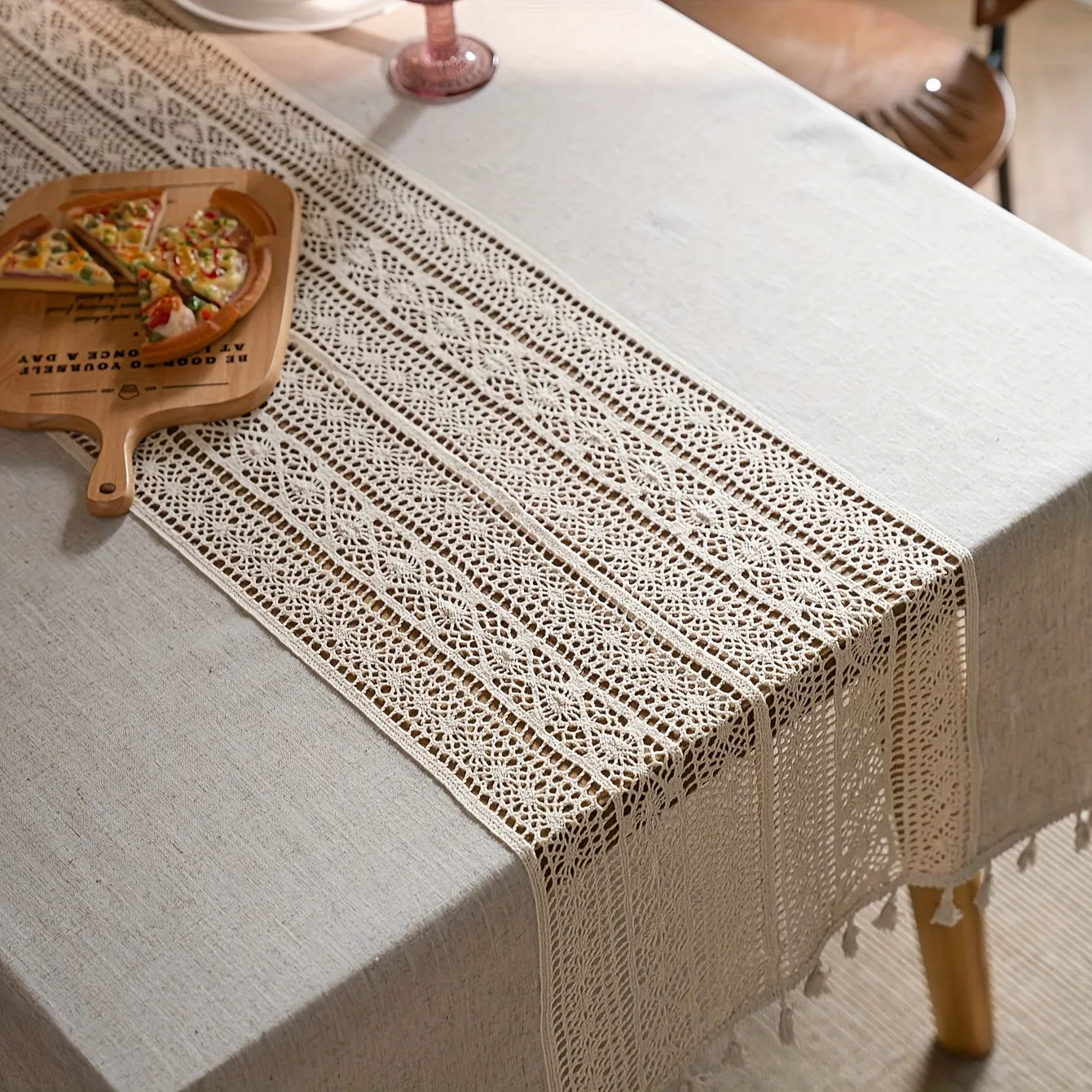 1pc Bohemian Linen Table Cloth - Exquisite Hand-Crocheted, Rustic Hemp Blend with Timeless Beige Fringes - Perfect for Christmas, Picnics, and Home Decor - Elegant and Versatile