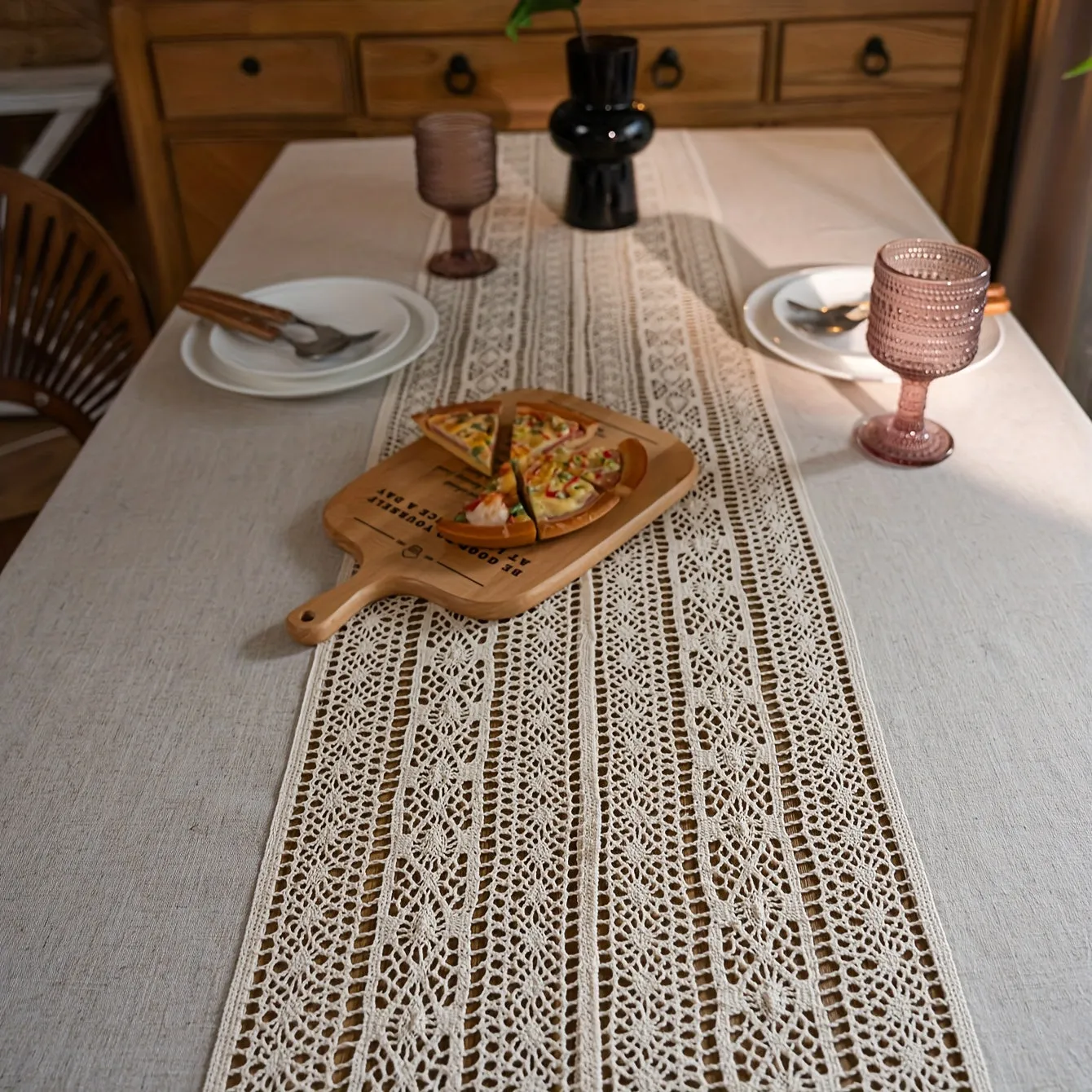 1pc Bohemian Linen Table Cloth - Exquisite Hand-Crocheted, Rustic Hemp Blend with Timeless Beige Fringes - Perfect for Christmas, Picnics, and Home Decor - Elegant and Versatile