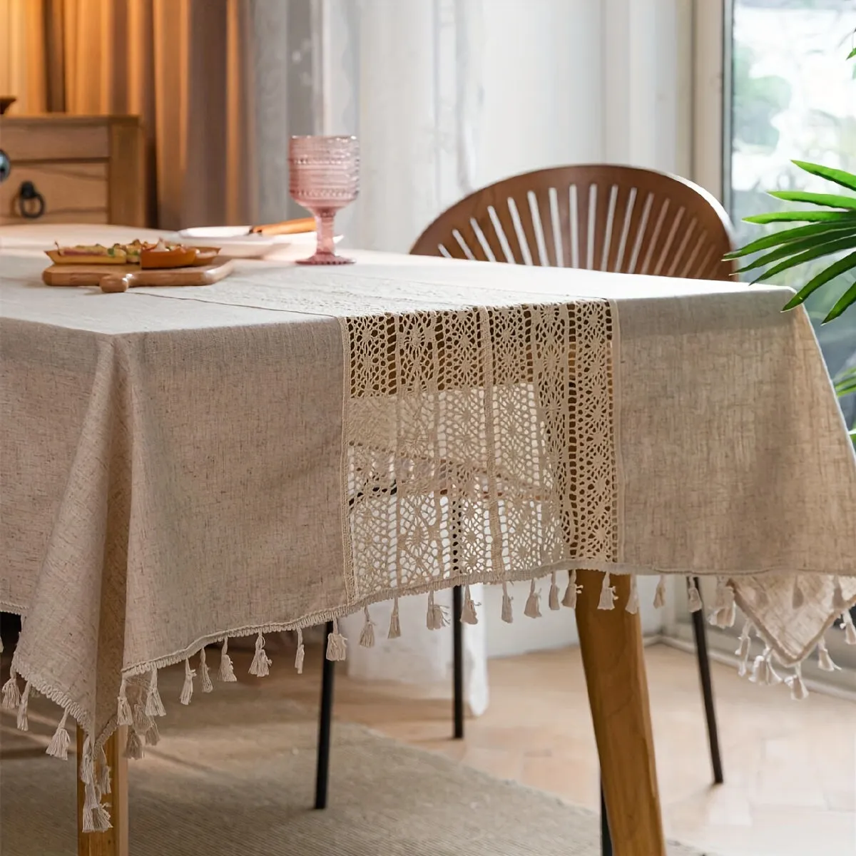1pc Bohemian Linen Table Cloth - Exquisite Hand-Crocheted, Rustic Hemp Blend with Timeless Beige Fringes - Perfect for Christmas, Picnics, and Home Decor - Elegant and Versatile