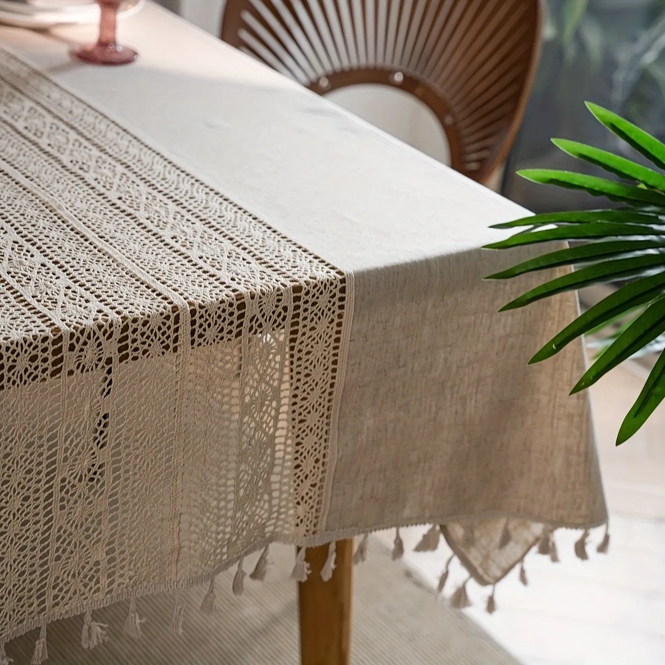 1pc Bohemian Linen Table Cloth - Exquisite Hand-Crocheted, Rustic Hemp Blend with Timeless Beige Fringes - Perfect for Christmas, Picnics, and Home Decor - Elegant and Versatile