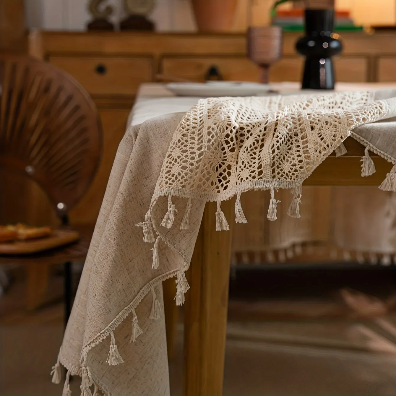 1pc Bohemian Linen Table Cloth - Exquisite Hand-Crocheted, Rustic Hemp Blend with Timeless Beige Fringes - Perfect for Christmas, Picnics, and Home Decor - Elegant and Versatile