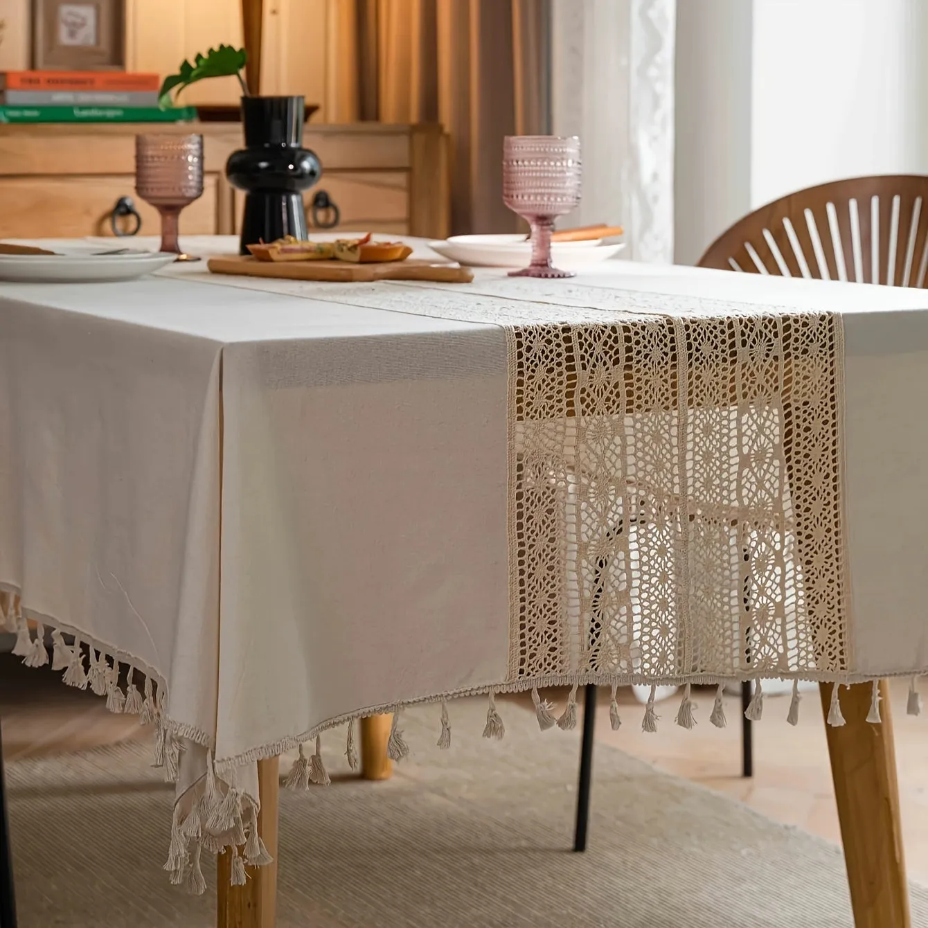 1pc Bohemian Linen Table Cloth - Exquisite Hand-Crocheted, Rustic Hemp Blend with Timeless Beige Fringes - Perfect for Christmas, Picnics, and Home Decor - Elegant and Versatile