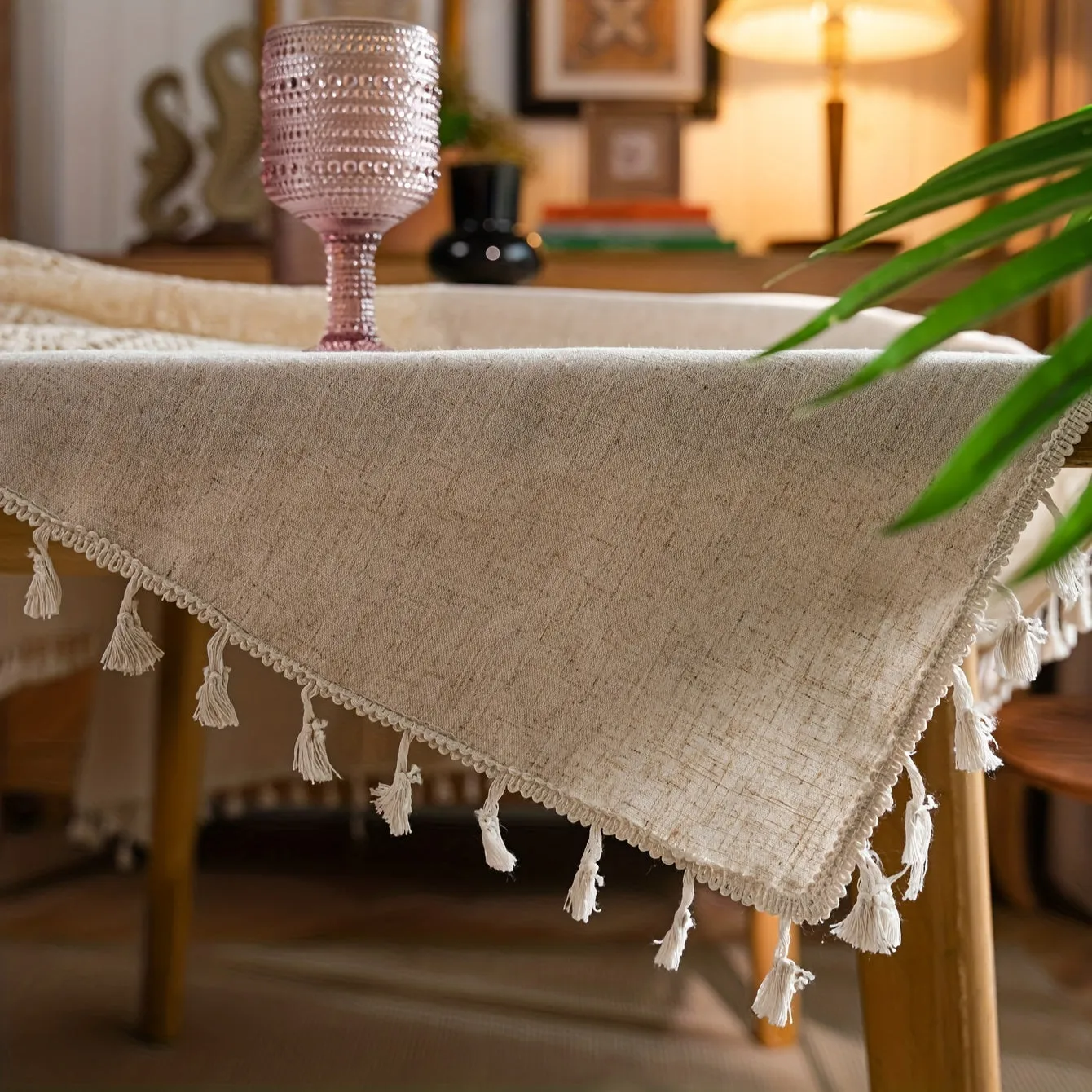 1pc Bohemian Linen Table Cloth - Exquisite Hand-Crocheted, Rustic Hemp Blend with Timeless Beige Fringes - Perfect for Christmas, Picnics, and Home Decor - Elegant and Versatile