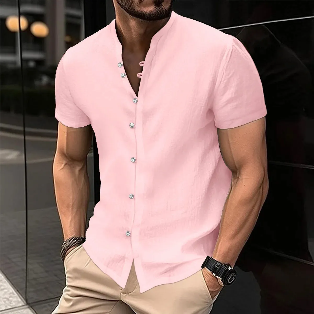 2023 New Men's Spring Summer Casual Blouse Cotton Linen Shirt Loose Short Sleeve Tee Shirt Single-Breasted Cardigan Men's Shirts
