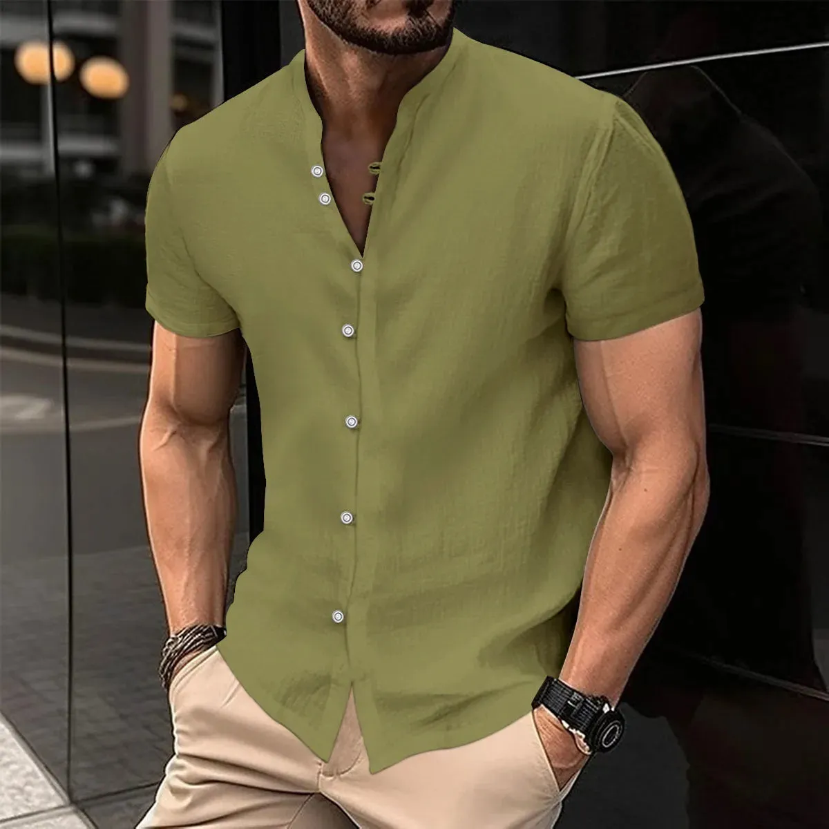 2023 New Men's Spring Summer Casual Blouse Cotton Linen Shirt Loose Short Sleeve Tee Shirt Single-Breasted Cardigan Men's Shirts