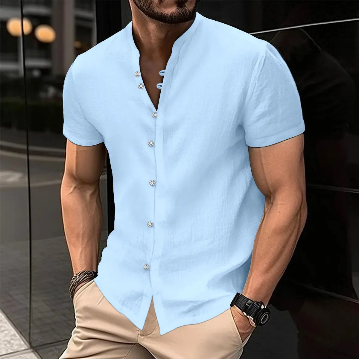 2023 New Men's Spring Summer Casual Blouse Cotton Linen Shirt Loose Short Sleeve Tee Shirt Single-Breasted Cardigan Men's Shirts