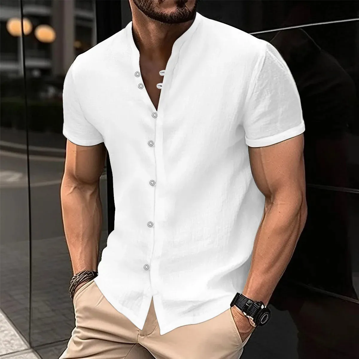 2023 New Men's Spring Summer Casual Blouse Cotton Linen Shirt Loose Short Sleeve Tee Shirt Single-Breasted Cardigan Men's Shirts