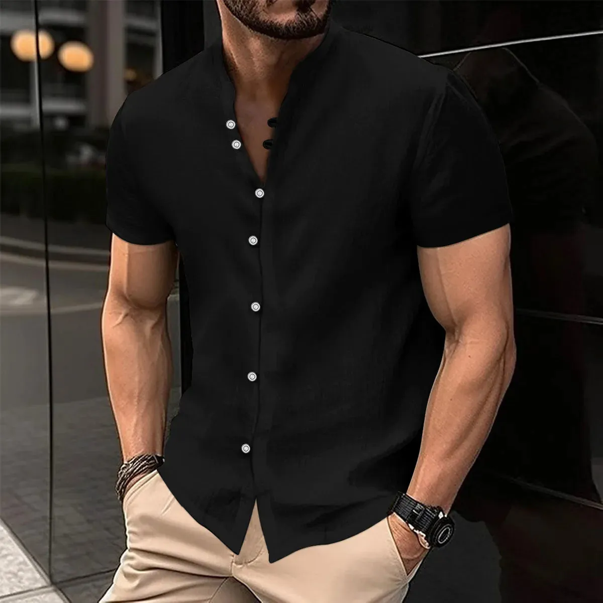 2023 New Men's Spring Summer Casual Blouse Cotton Linen Shirt Loose Short Sleeve Tee Shirt Single-Breasted Cardigan Men's Shirts