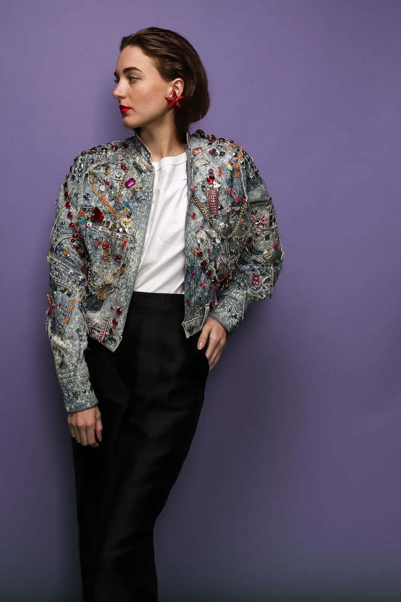 Acid Wash Embellished Crop Jacket