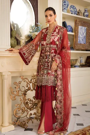 Alluring Pakistani net embroidered outfit in lavish red color # P2329