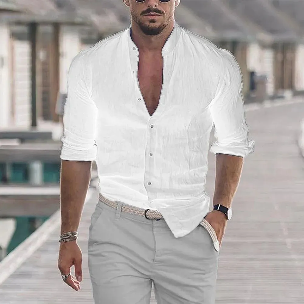 Autum Men's Cotton Linen Shirts Spring Solid Color Mock Neck Long Sleeve Oversize Top Handsome Fashion Shirt