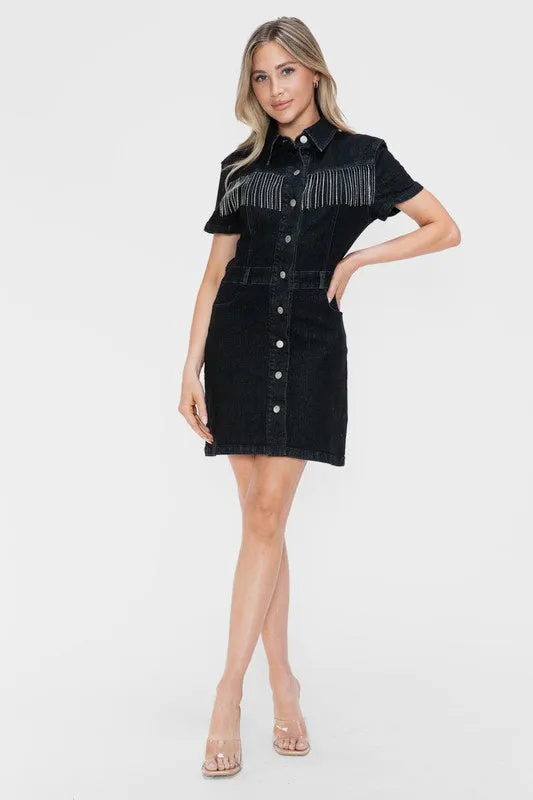 Black Embellished Button Down Short Sleeve Denim Dress