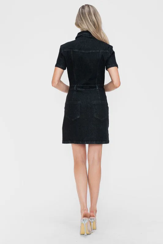Black Embellished Button Down Short Sleeve Denim Dress