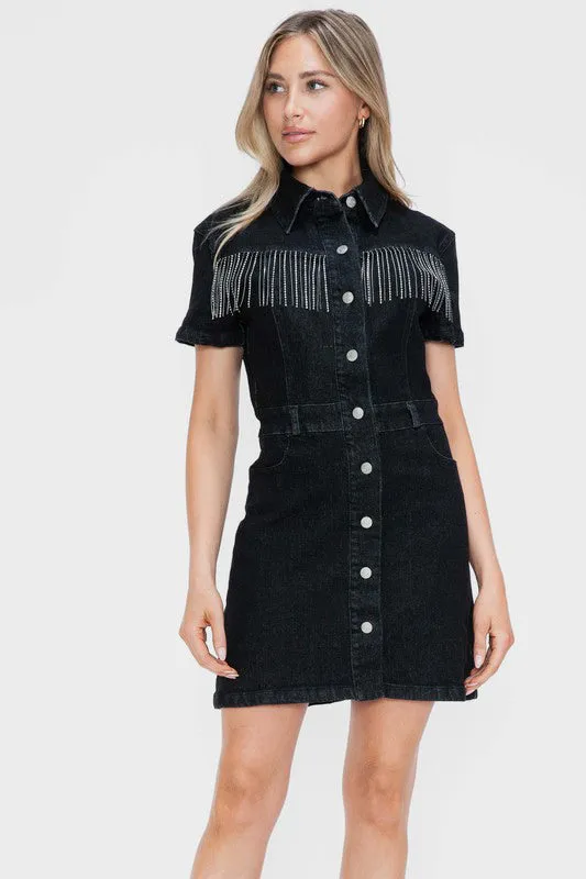 Black Embellished Button Down Short Sleeve Denim Dress