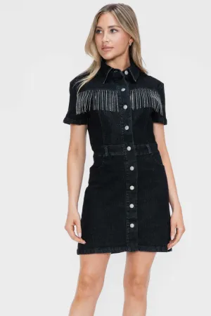 Black Embellished Button Down Short Sleeve Denim Dress