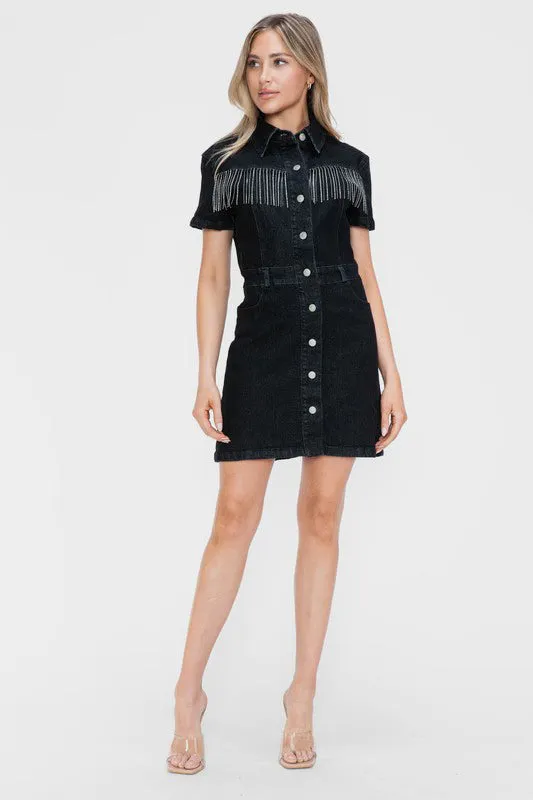Black Embellished Button Down Short Sleeve Denim Dress