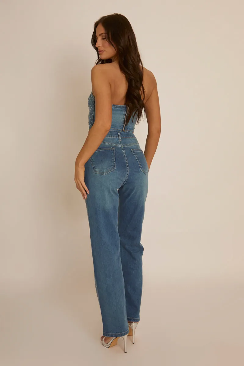 Blue Denim Diamante Embellished Corset Top - Elaina