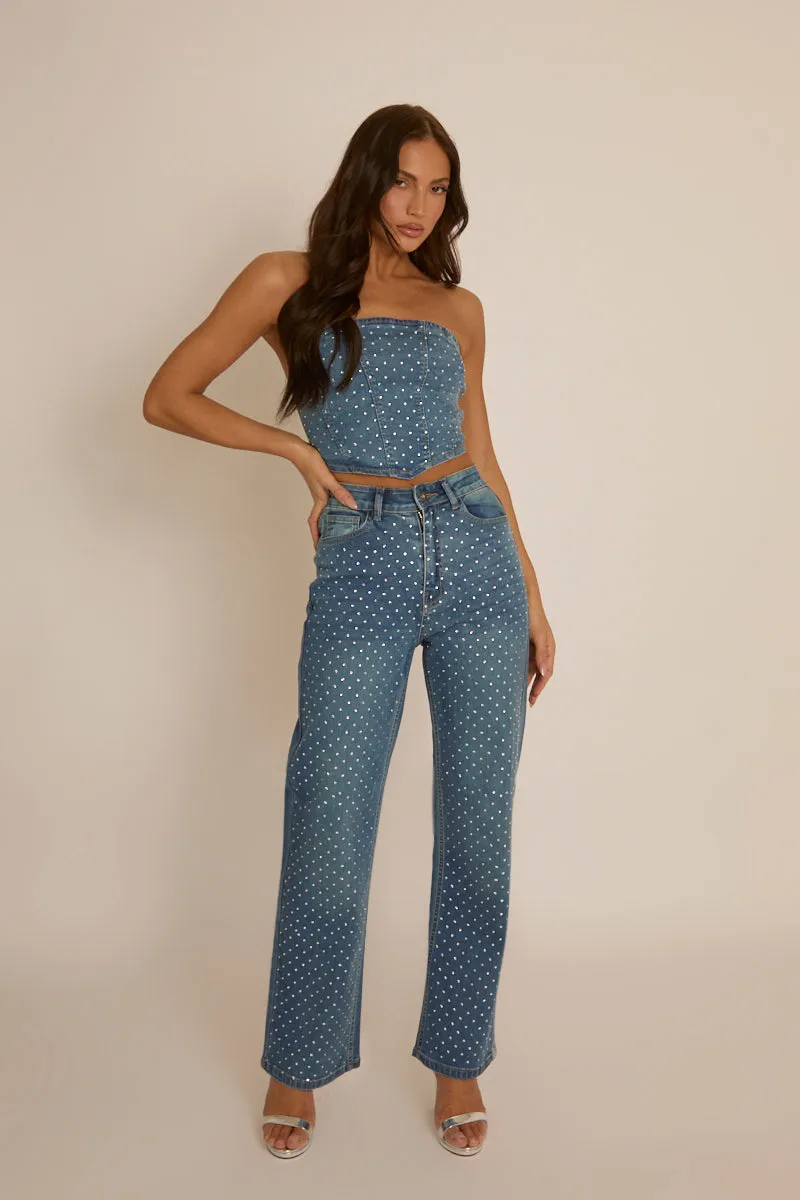 Blue Denim Diamante Embellished Corset Top - Elaina