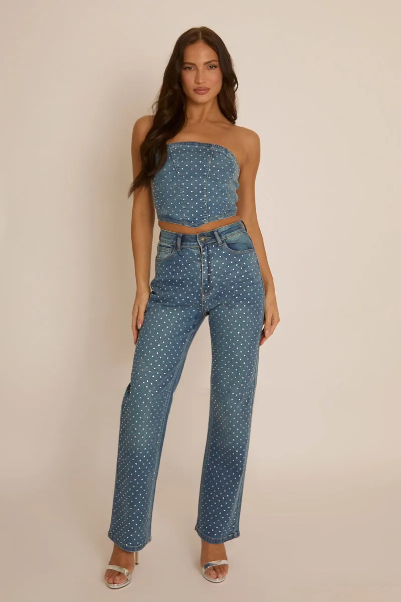 Blue Denim Diamante Embellished Corset Top - Elaina