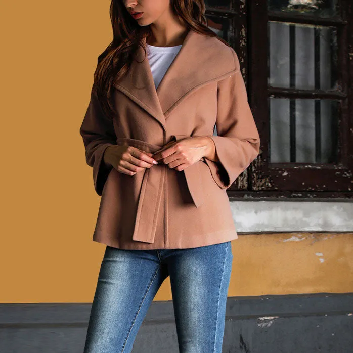 Camel Short Woolen Coat with Belt Simple Coat
