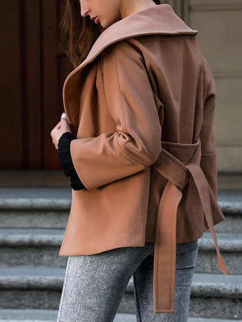 Camel Short Woolen Coat with Belt Simple Coat