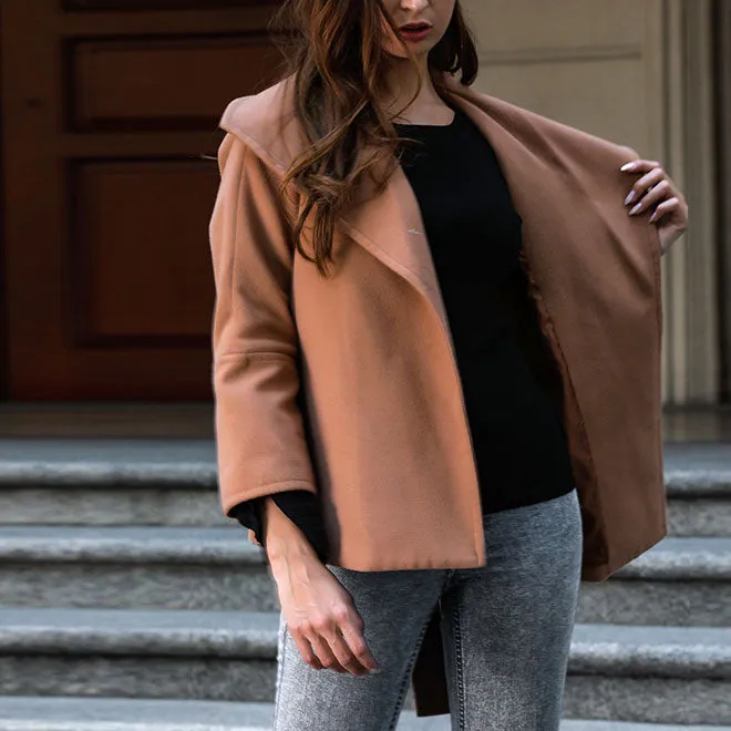 Camel Short Woolen Coat with Belt Simple Coat