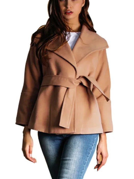 Camel Short Woolen Coat with Belt Simple Coat