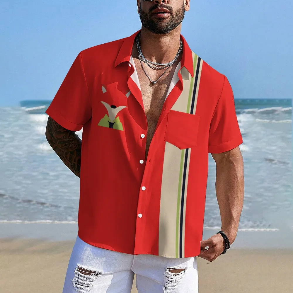 Cartoon Fox Stripe Print Short Sleeve Shirt 2410007515