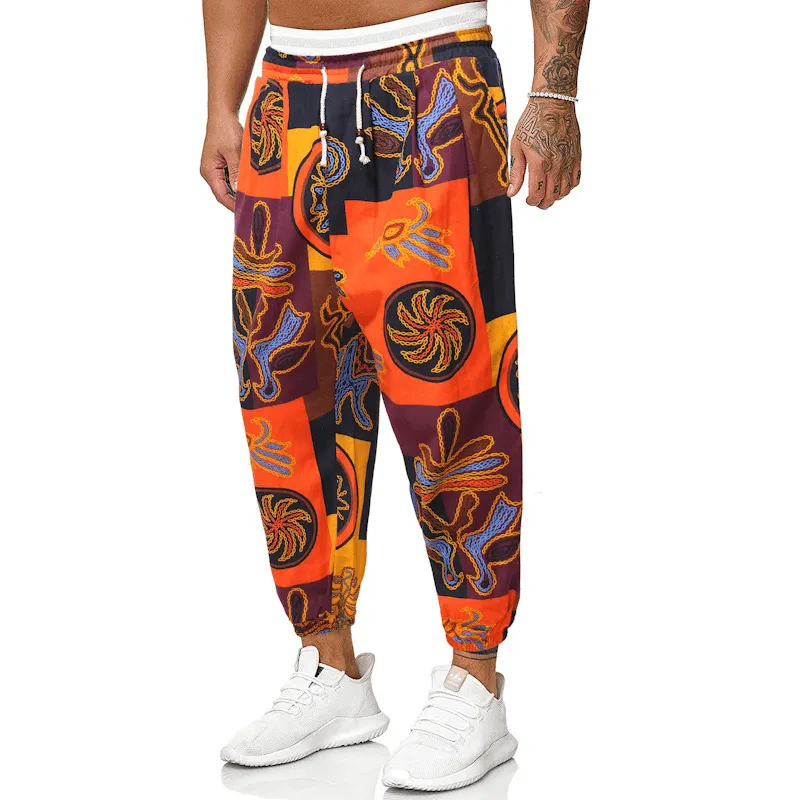 Casual Harem Pants Men'S Ethnic Style Cotton and Linen Loose Cropped Trousers