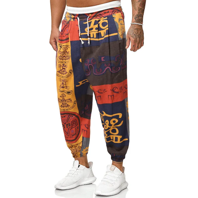 Casual Harem Pants Men'S Ethnic Style Cotton and Linen Loose Cropped Trousers