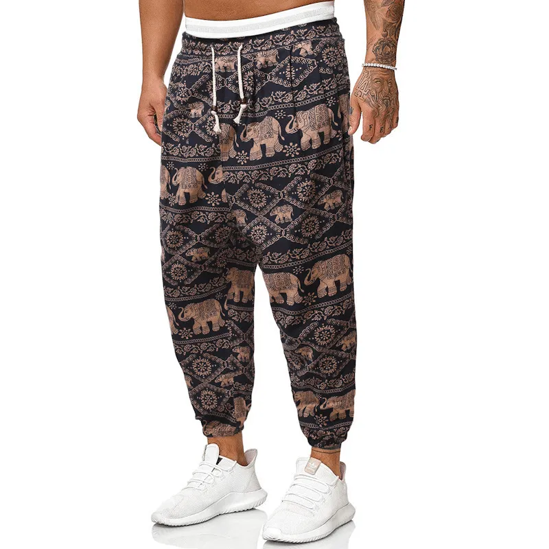 Casual Harem Pants Men'S Ethnic Style Cotton and Linen Loose Cropped Trousers