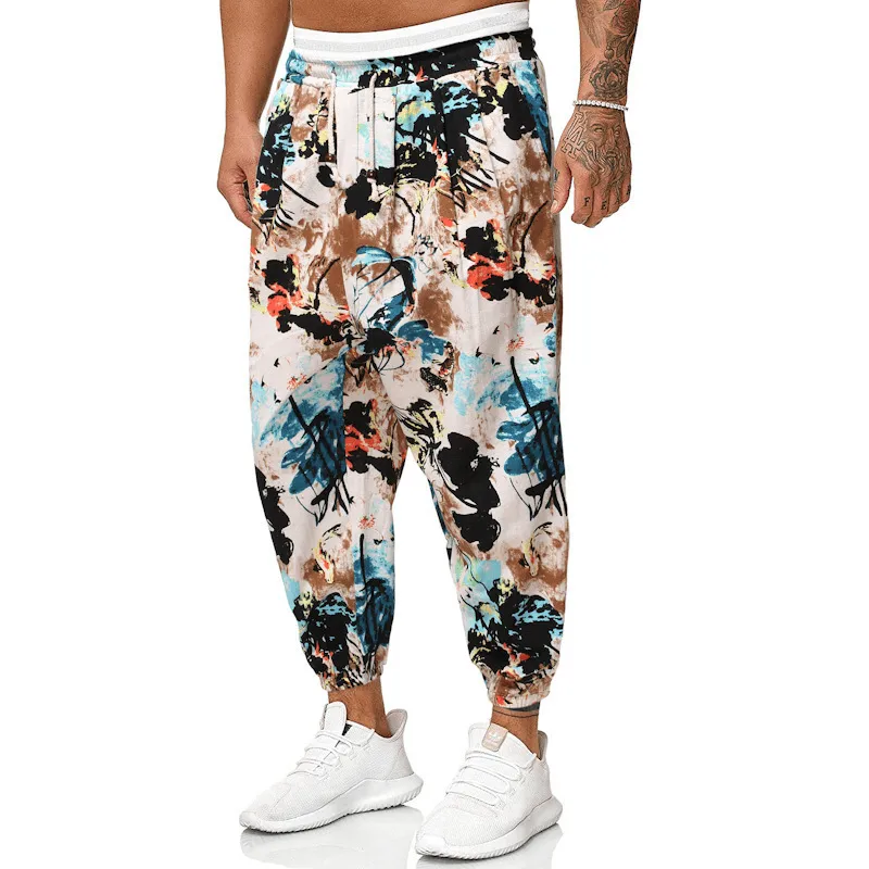 Casual Harem Pants Men'S Ethnic Style Cotton and Linen Loose Cropped Trousers