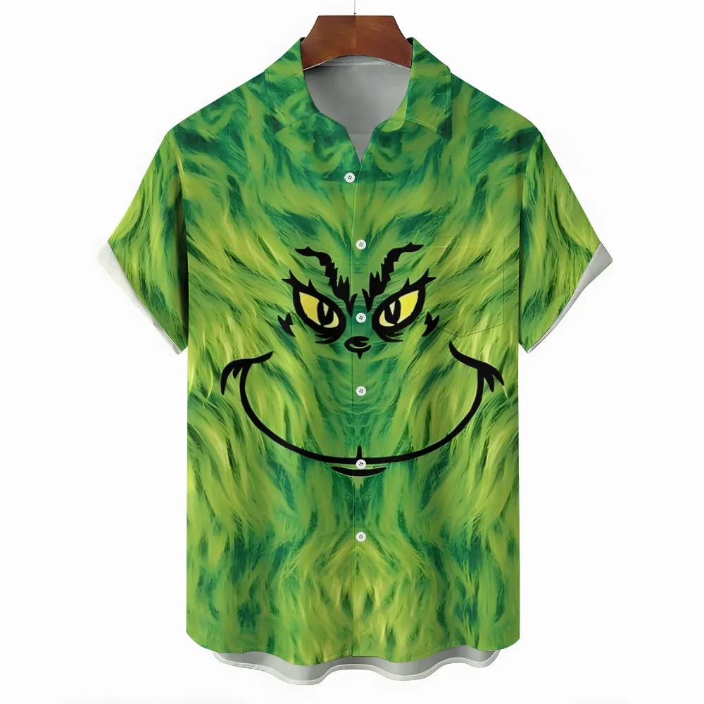 Christmas Green Monster Print Short Sleeve Shirt 2410004404
