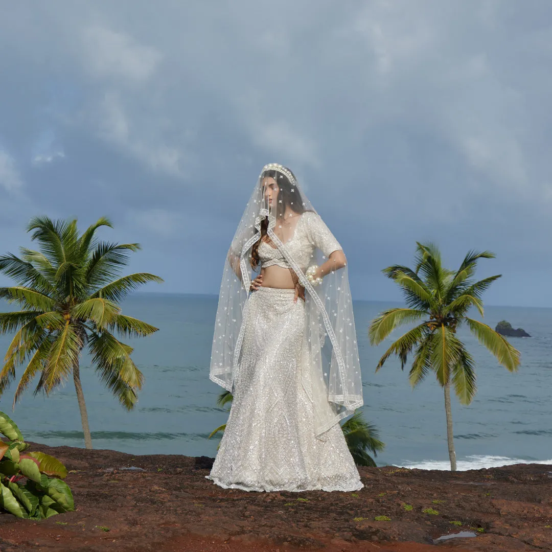 Classy White Sequined Bridal Lehenga