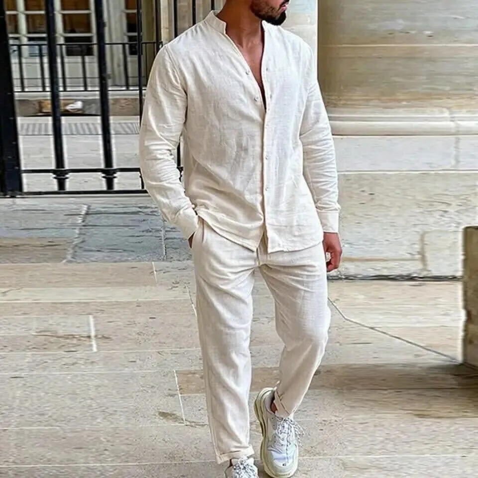 Costairo | Mens Linen Shirt and Trousers Set Beach Wedding Outfit Summer Holiday Cruise Wear Lightweight Old Money Style