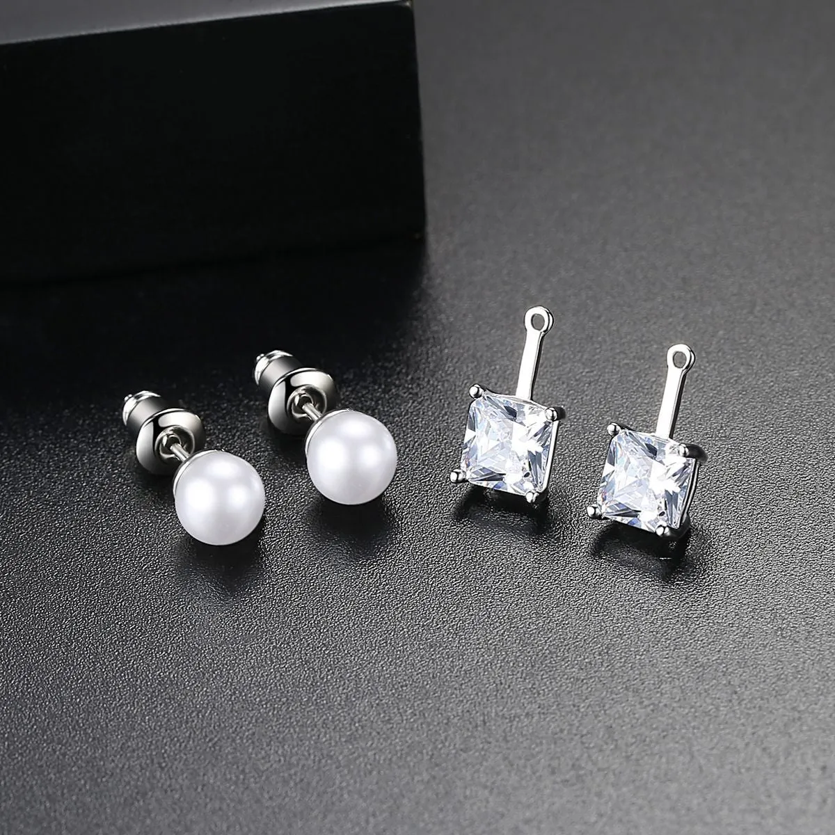 Crystal & Pearl Silver-Plated Princess-Cut Ear Jackets