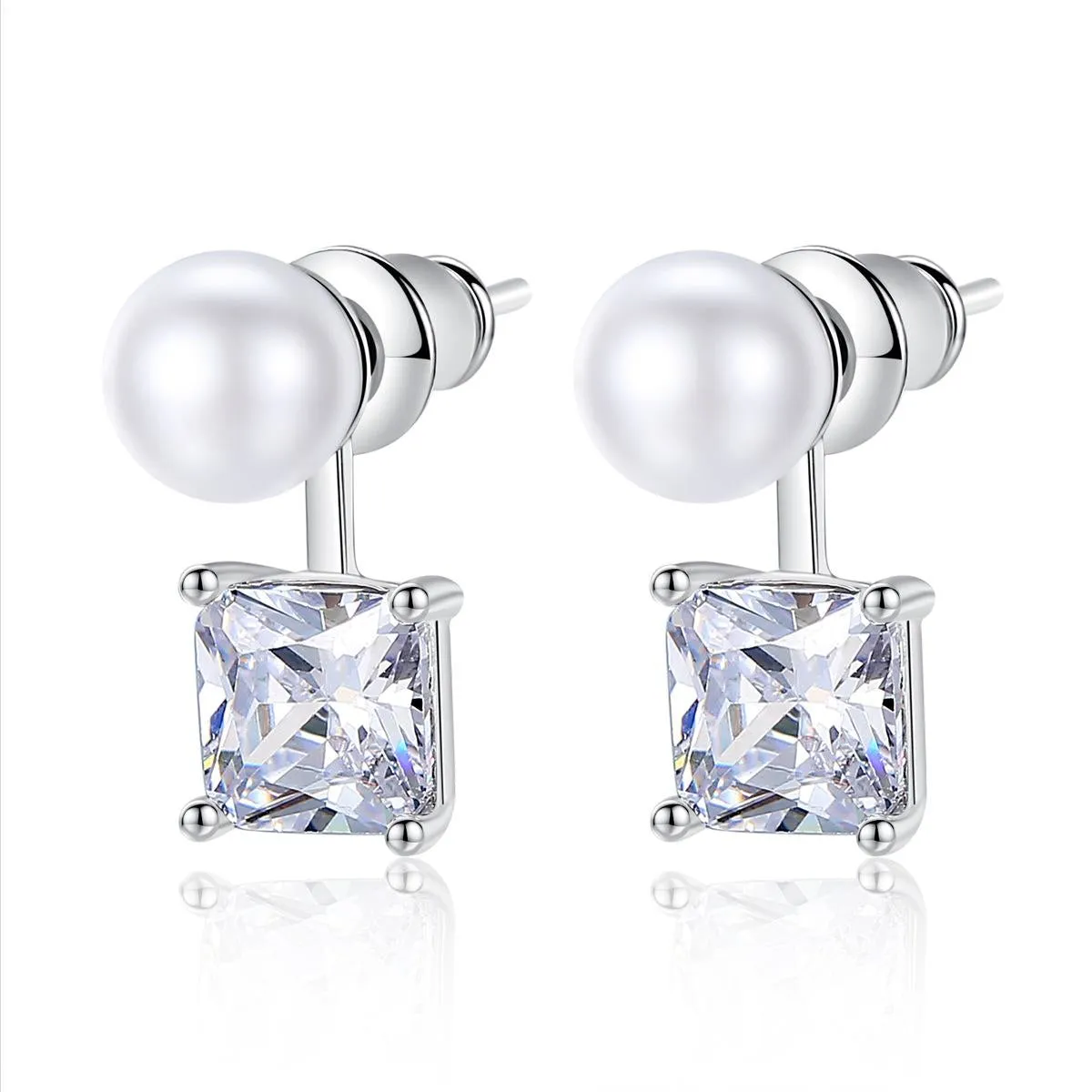 Crystal & Pearl Silver-Plated Princess-Cut Ear Jackets