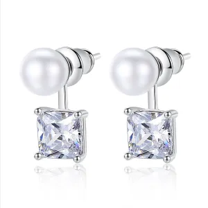 Crystal & Pearl Silver-Plated Princess-Cut Ear Jackets