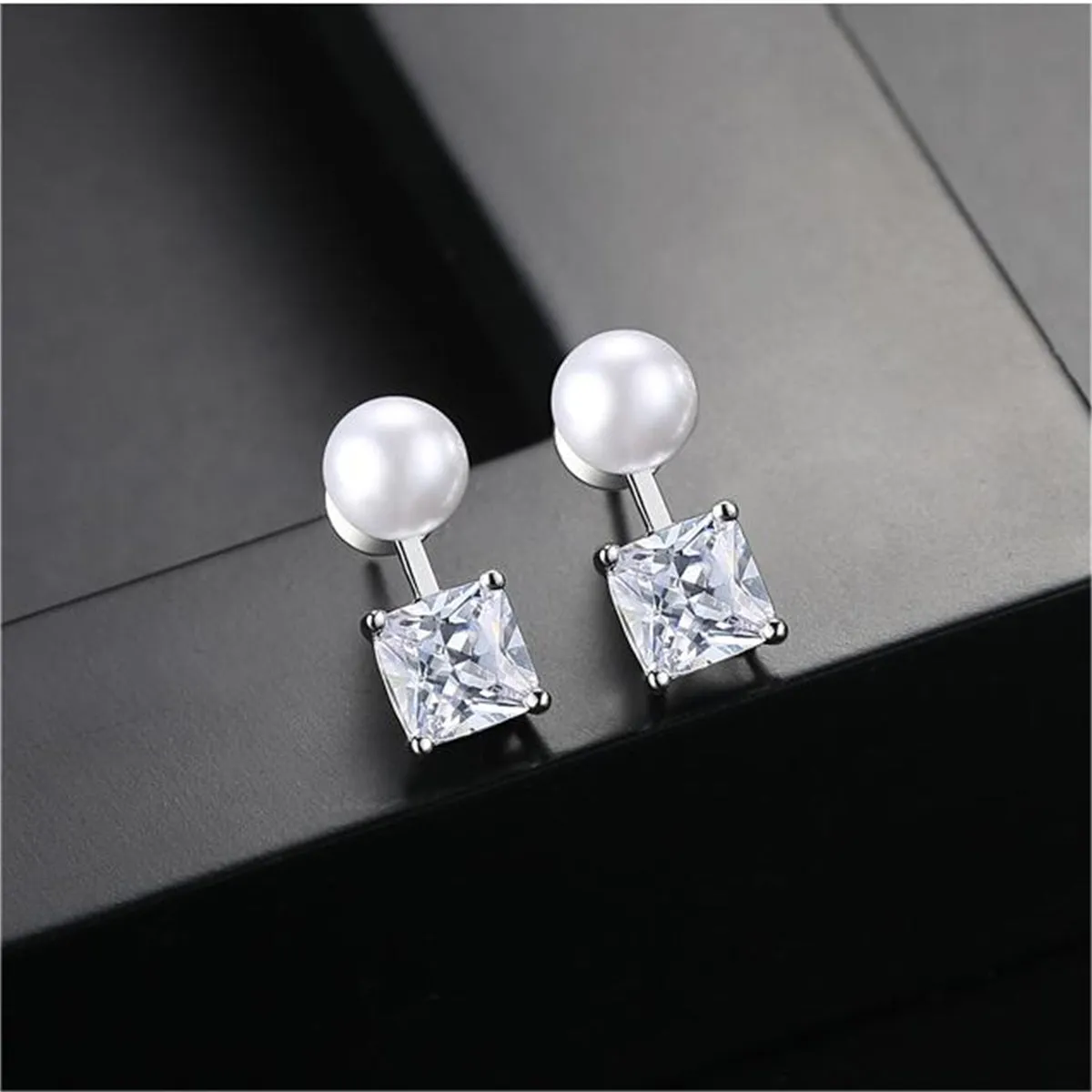 Crystal & Pearl Silver-Plated Princess-Cut Ear Jackets