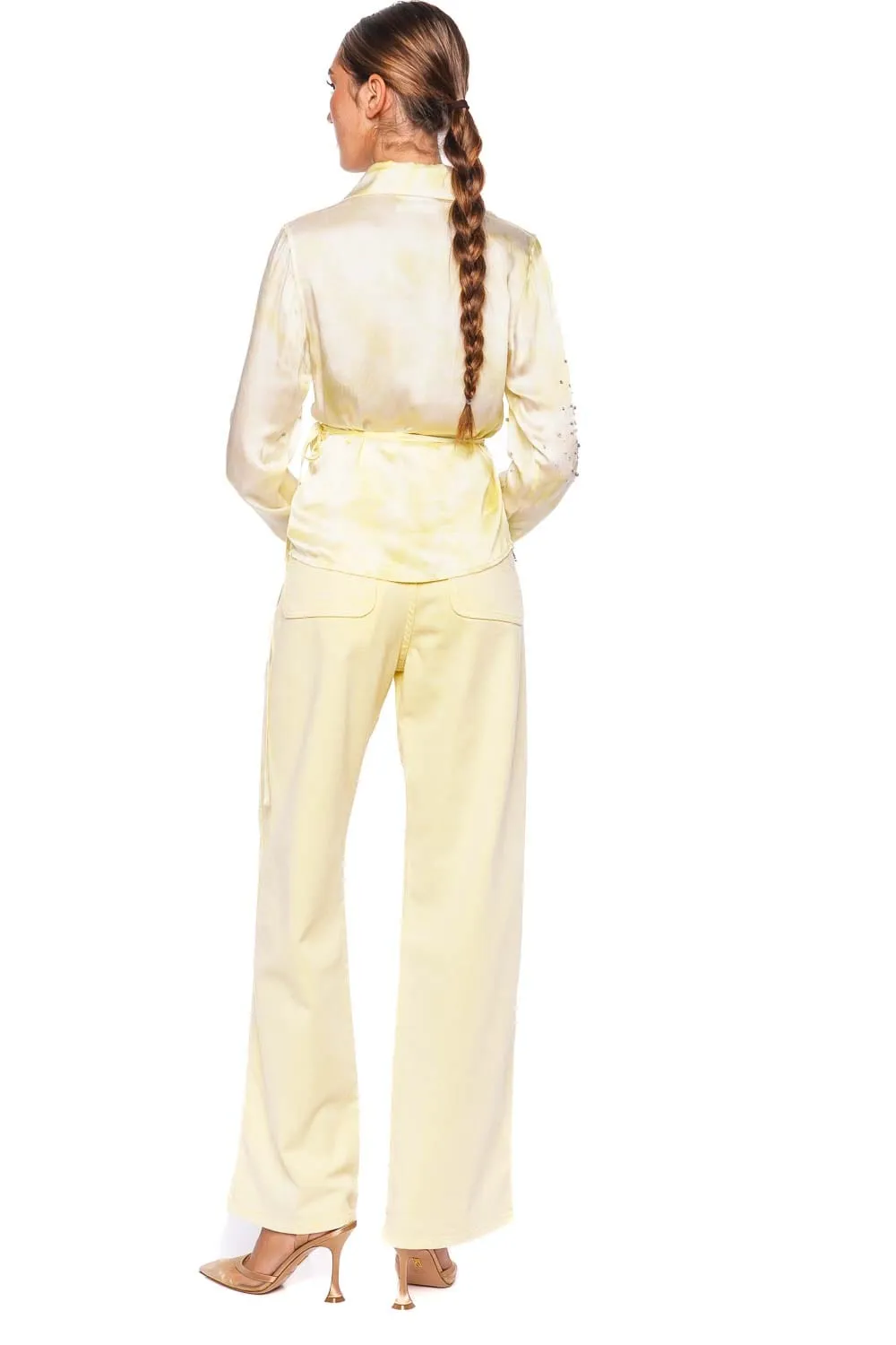 Crystal Embellished Wide Leg Denim Pant
