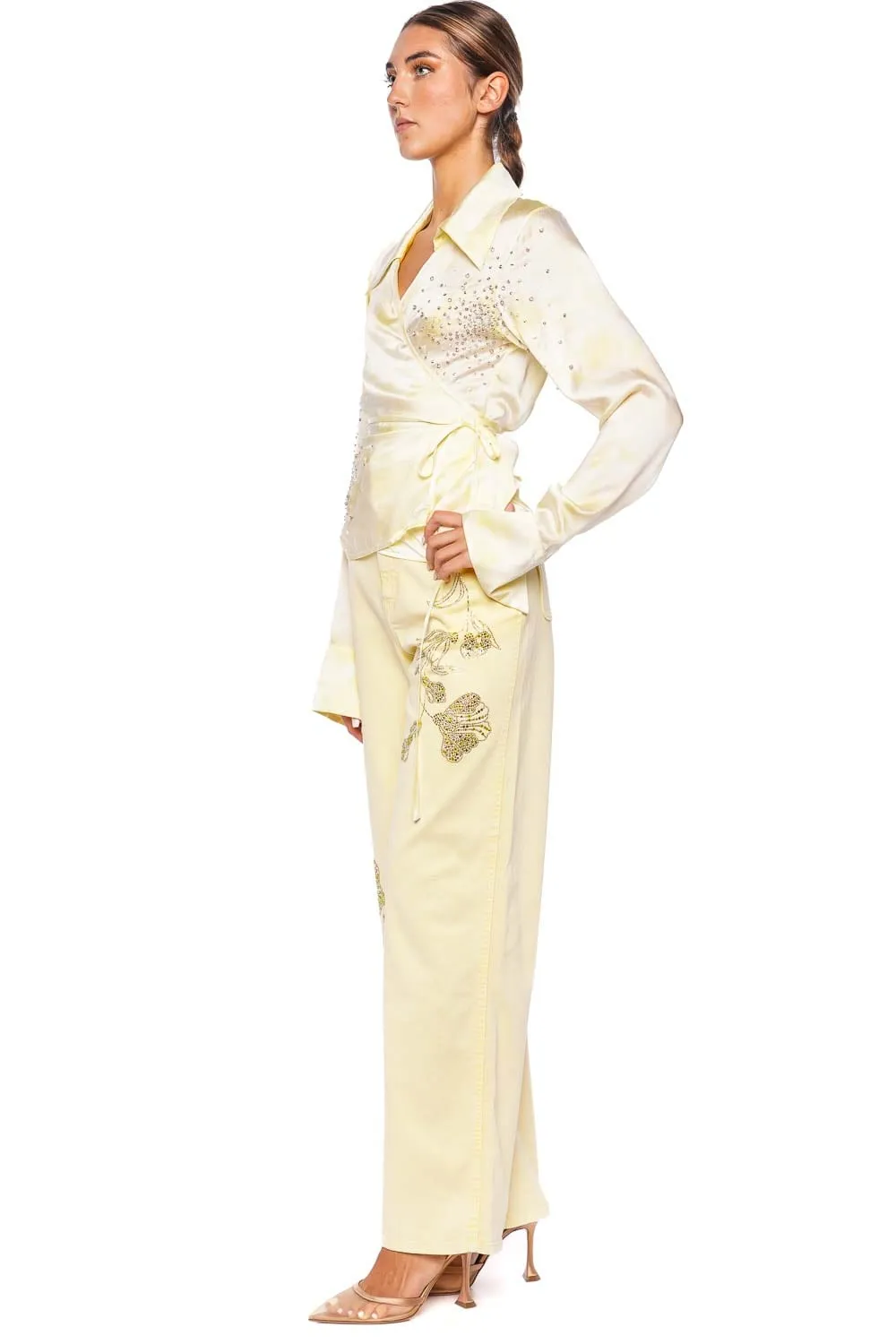Crystal Embellished Wide Leg Denim Pant