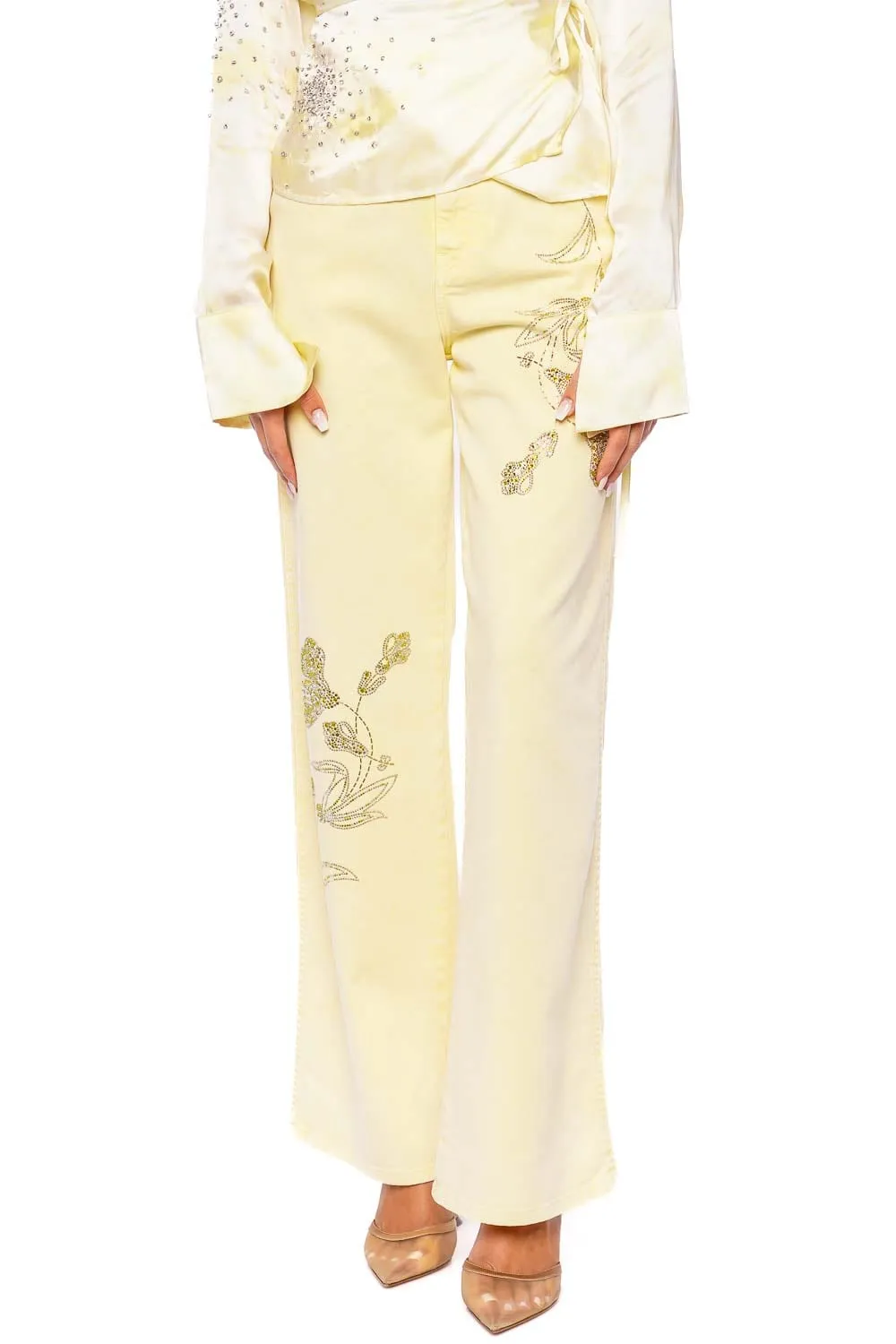 Crystal Embellished Wide Leg Denim Pant