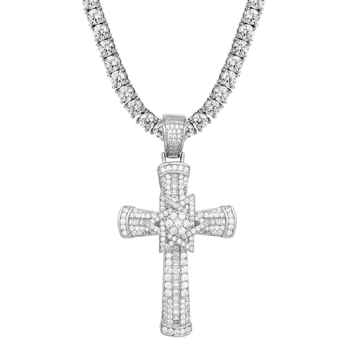 Custom Sterling Silver Star Baguette Cross Pendant Free Chain
