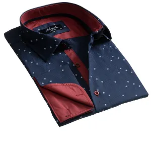 Dark Blue Mens Slim Fit French Cuff Shirts with Cufflink Holes - Casual and Formal