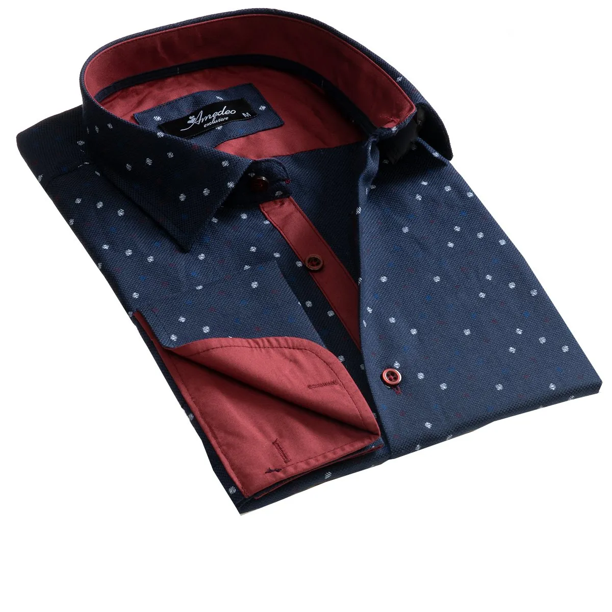 Dark Blue Mens Slim Fit French Cuff Shirts with Cufflink Holes - Casual and Formal