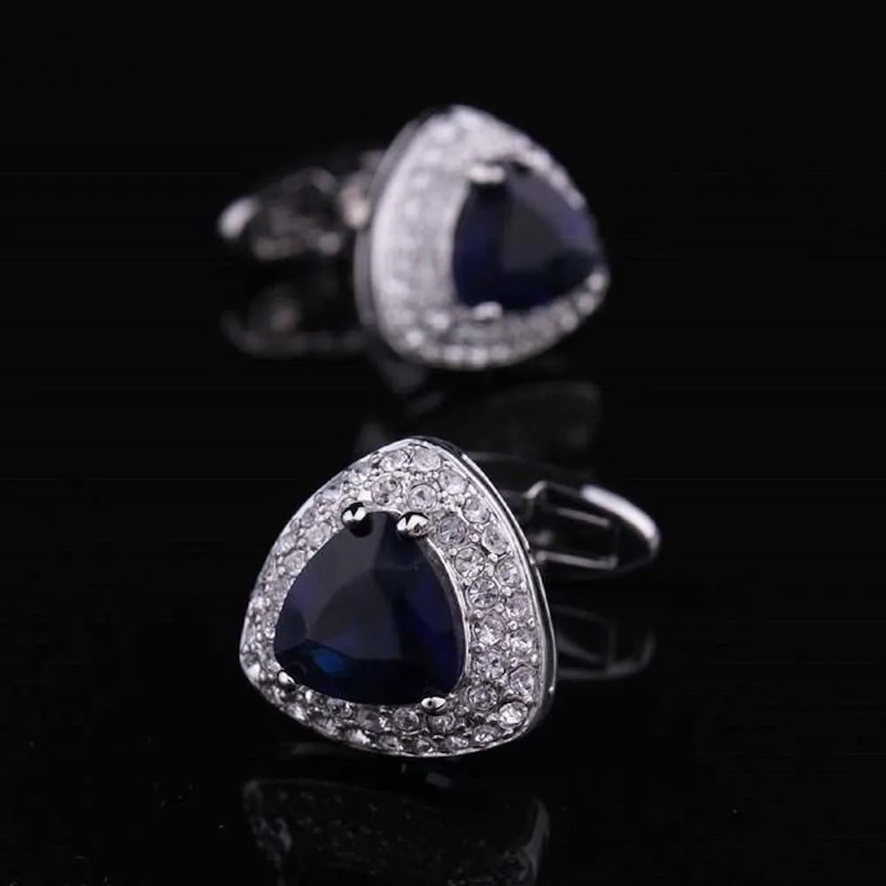 Dark Blue Stone Mens Stainless Steel Triangle Cufflinks For Shirt With Box - Hand Crafted Perfect