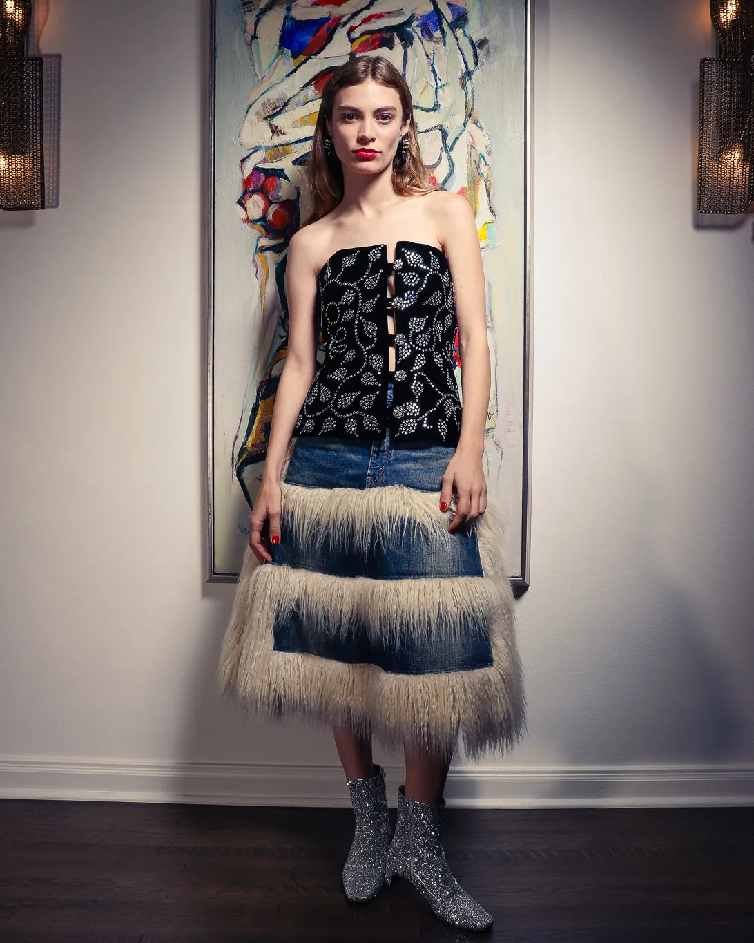 Denim Faux Fur Skirt