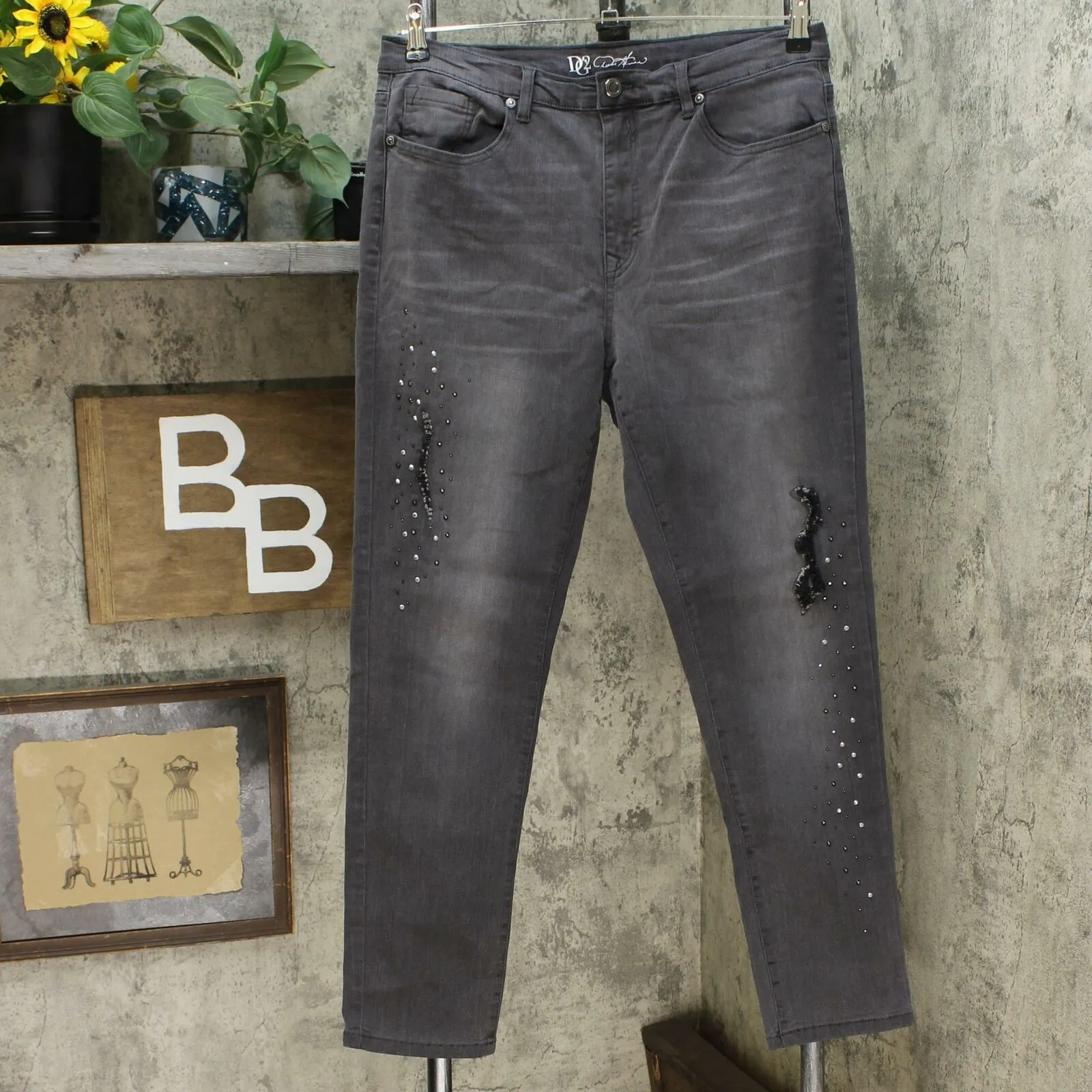 DG2 by Diane Gilman Women's Embellished Distressed Anniversary Jeans Gray 14