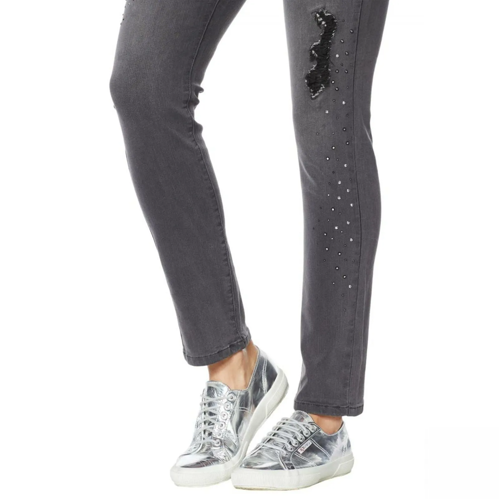 DG2 by Diane Gilman Women's Embellished Distressed Anniversary Jeans Gray 14